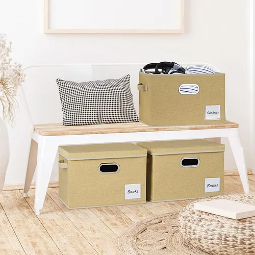 Miniatura 7 de LHZK Contenedores de almacenamiento extra grandes con tapas, cajas de almacenamiento plegables de tela de lino para organización de clósets, 15.75 x