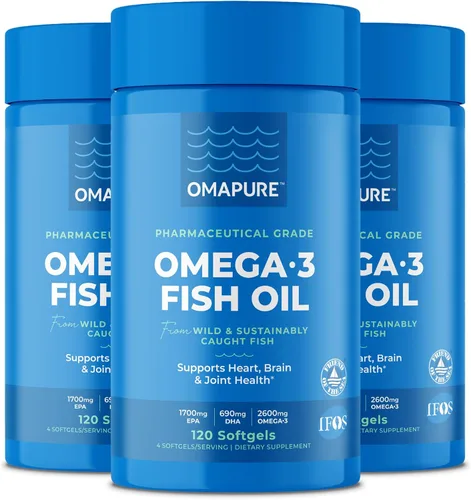 OMAPURE Suplementos de aceite de pescado con ácidos grasos Omega 3 (3 botellas, 120 cápsulas blandas) – Pastillas de aceite de pescado de alto EPA,