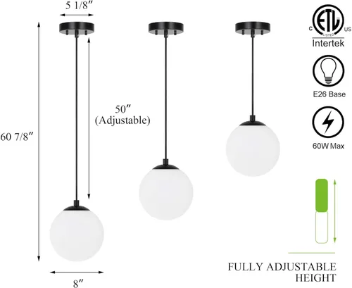 Miniatura 4 de XiNBEi Lighting Iluminación colgante 1 luz globo lámpara colgante, moderna lámpara de techo ajustable para cocina, acabado negro mate XB-P1211-MBK