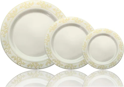 Miniatura 5 de Exquisite Juego de 60 cuencos de plástico desechables de alta calidad de 14 onzas. Los platos llanos cuentan con un fondo blanco clásico con un