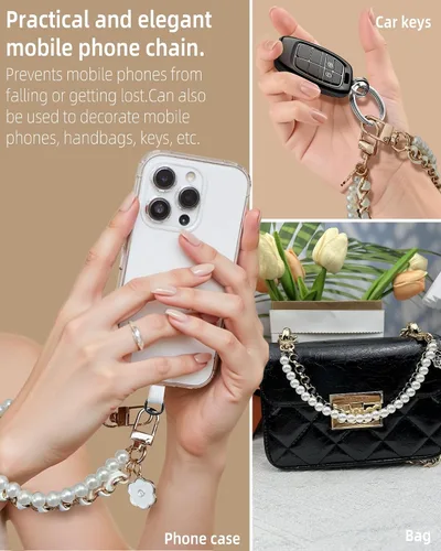 Miniatura 3 de Correa de muñeca para teléfono con cuentas de perlas, pulsera de teléfono desmontable con lengüeta de sujeción, pulsera universal con cuentas