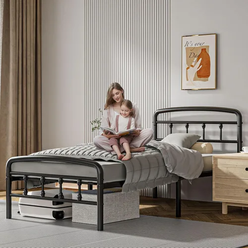 Miniatura 8 de Bastidores de cama de metal tamaño individual, marcos de cama resistentes de 1500 libras con cabecero, diseño sin ruido y almacenamiento debajo