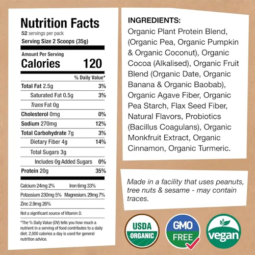 Miniatura 2 de EarthChimp Proteína vegana orgánica en polvo, con probióticos, sin OMG, sin lácteos, sin suero de leche, proteína en polvo a base de plantas