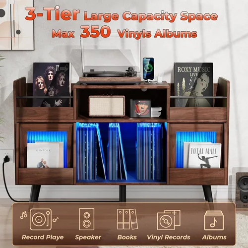 Miniatura 7 de Loomie Soporte grande para tocadiscos negro con toma de corriente y luz LED, gabinete de almacenamiento de discos de vinilo de hasta 350 álbumes
