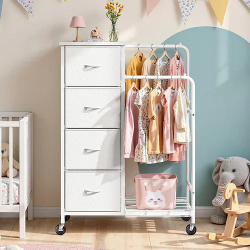 Miniatura 9 de Romorgniz Cómoda 3 en 1 con estante para colgar, 4 cajones de tela con doble perchero y ruedas, organizador alto de armario para dormitorio, Negro