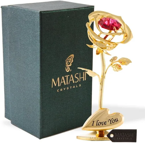 Matashi I Love You Rose Flower - Adorno de mesa chapado en oro de 24 quilates con cristales rojos | Arreglo floral de metal | Cumpleaños, regalos