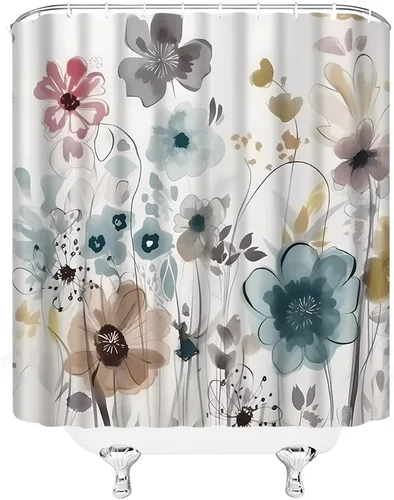 Miniatura 3 de Cortina de ducha floral azul gris acuarela flor rústico bohemio plantas botánicas flores silvestres casa de campo tela decoración de baño cortina