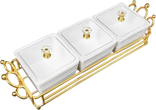 Miniatura 8 de YA JU Cuencos de cerámica y con tapa, bandejas doradas, 6 cuencos pequeños extraíbles, bandejas para condimentos, juego de frutos secos, para Blanco