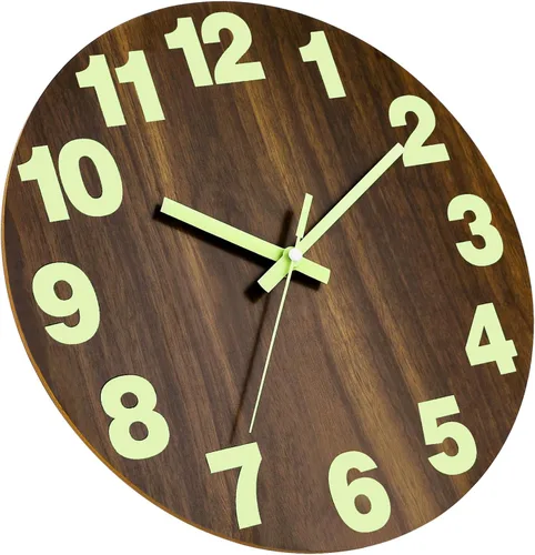Miniatura 5 de Plumeet Reloj de pared con luz nocturna, reloj de madera de 10 pulgadas que brilla en la oscuridad para dormitorio, pequeño reloj de pared iluminado