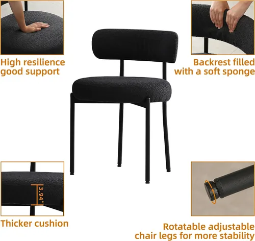 Miniatura 4 de DYHOME - Juego de 2 sillas de comedor de bouclé negro, sillas de cocina modernas de mediados de siglo con respaldo curvo y patas de metal, sillas