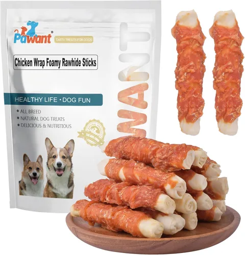 Miniatura 10 de Golosinas para perros de larga duración para perros grandes, dientes limpios envueltos en pollo, donas de cuero crudo, 1 lb/454 g