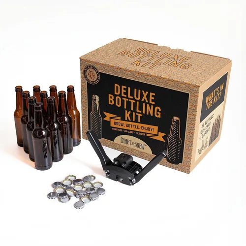 Kit de embotellado de lujo – Craft A Brew Homebrew Bottler Equipment – Home Brewing Easy Embotellado Set – 10 botellas vacías de vidrio ámbar de 12