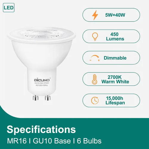 Miniatura 2 de DiCUNO Bombilla LED GU10 regulable, equivalente a 40 W, blanco cálido 2700 K, 450 LM, MR16 GU10 LED para foco, iluminación de pista, bombilla de 5 W