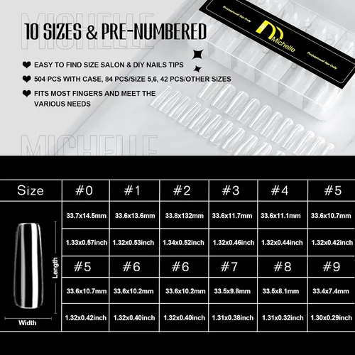 Miniatura 6 de Michelle 504 puntas de uñas postizas largas cuadradas a presión, puntas de uñas de gel preformadas para uñas acrílicas de cobertura completa, uñas