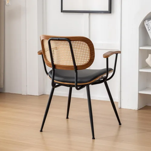 Miniatura 9 de Juego de 2 sillas de comedor de ratán, sillas auxiliares de cocina modernas de mediados de siglo, sillas de escritorio con patas de metal, sillas