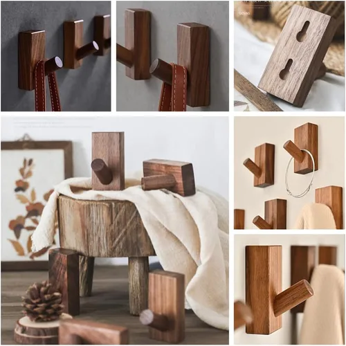 Miniatura 5 de HomeDo Paquete de 4 ganchos adhesivos de pared para sombreros, ganchos de madera para colgar en la pared, ganchos decorativos individuales