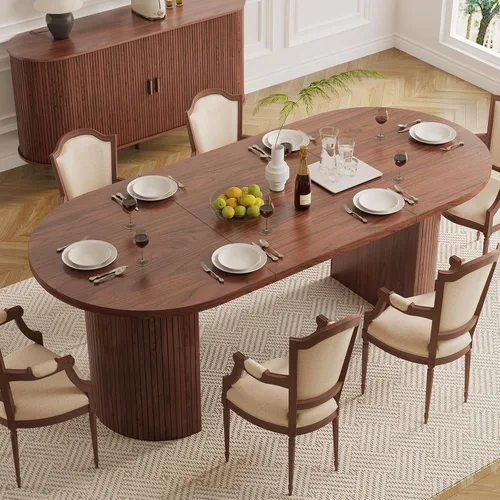 ONBRILL Mesa de comedor de 70.8 pulgadas para 4-6, mesa de comedor ovalada con base de tira de madera acanalada curvada, mesas de cocina modernas de