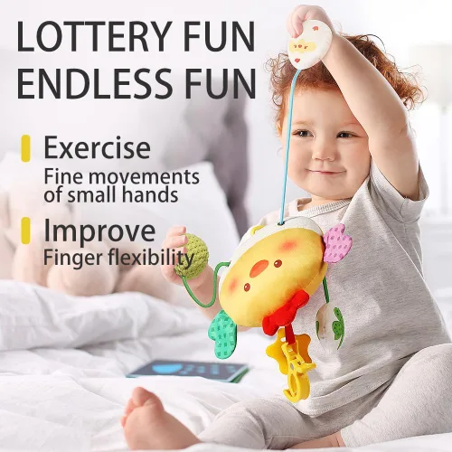 Miniatura 4 de Juguetes de Asiento de Coche Colgantes para Bebés de 0 a 6 Meses, Niño o Niña – Juguete de Bebé con Tira de Pollo, Sonajero, Espejo, BB Squeaker