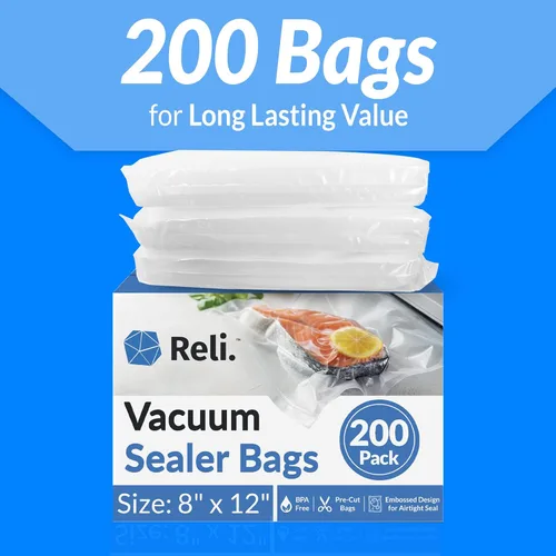 Miniatura 2 de Reli. Bolsas selladoras al vacío de 8 x 12 pulgadas Paquete de 200 Bolsa al vacío precortada en relieve para alimentos Sin BPA Sellador