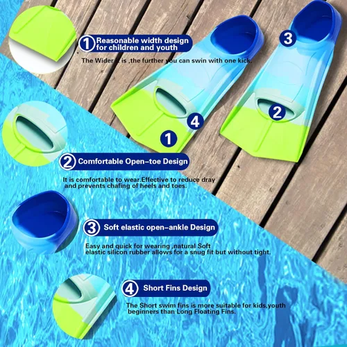Miniatura 2 de Aletas de natación para niños, aletas cortas para jóvenes, aletas de entrenamiento de natación para natación de regazo, para niños y niñas Arco