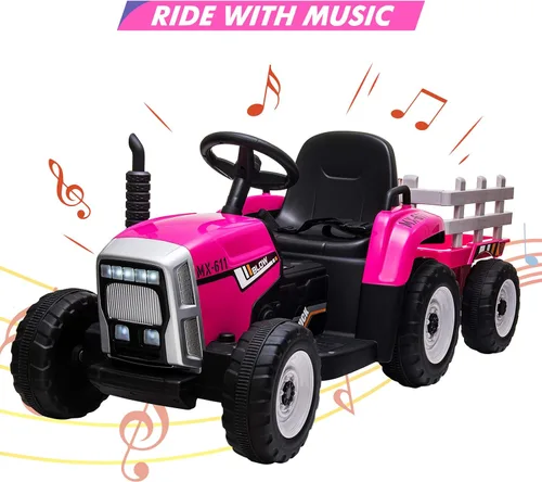 Miniatura 7 de Tractor Eléctrico de 12V con Batería para Niños con Remolque, Carro Montable para Niños Pequeños con Control Remoto/7 Faros LED/Cambio de Marchas