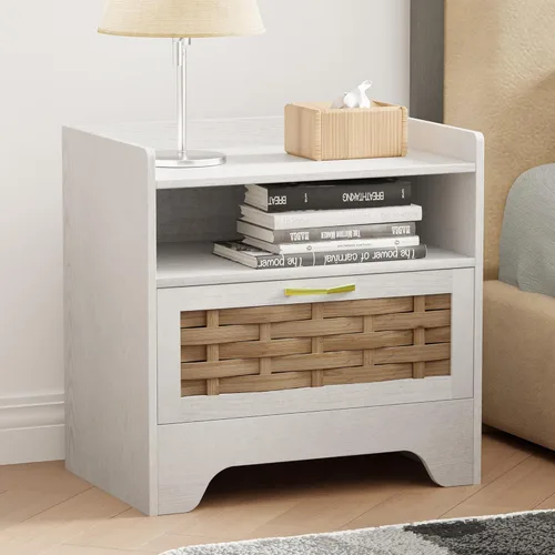 Miniatura 17 de Mesita de noche con 2 cajones de almacenamiento, mesa auxiliar moderna para dormitorio con asa recortada, mesitas de noche grandes para dormitorio