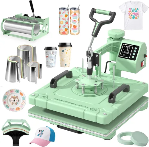 Slendor Máquina de prensa de calor 8 en 1 de 15 x 15 pulgadas, máquina de prensado digital de camisetas de 360 grados, multifunción por Verde
