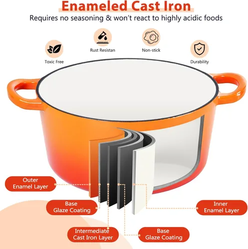 Miniatura 3 de E-far - Horno holandés de 6 cuartos de galón, esmaltado de hierro fundido con tapa, olla de cocina redonda antiadherente para Naranja