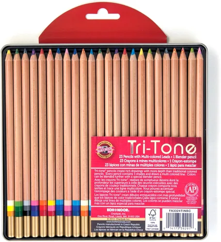 Koh-I-Noor Juego de lápices multicolor de tres tonos, 24 colores surtidos en estaño y blíster (FA33TIN24BC)
