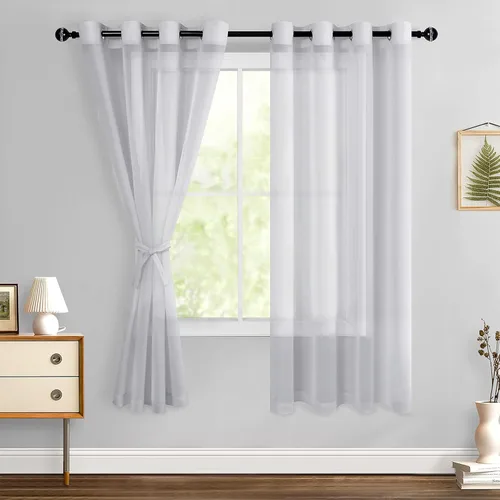 Miniatura 16 de Hiasan - Cortinas traslúcidas de gasa cortas semitransparentes con ojales y alzapaños filtrantes de luz para ventana, dormitorio, baño, 2 paneles