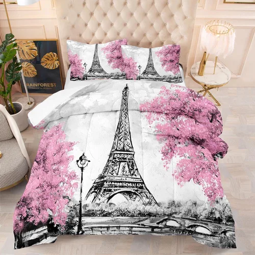 Miniatura 36 de kxry Juego de edredón de París, tamaño Queen, color rosa, Torre Eiffel Sena, ropa de cama estilo francés, edredón de paisaje urbano de París