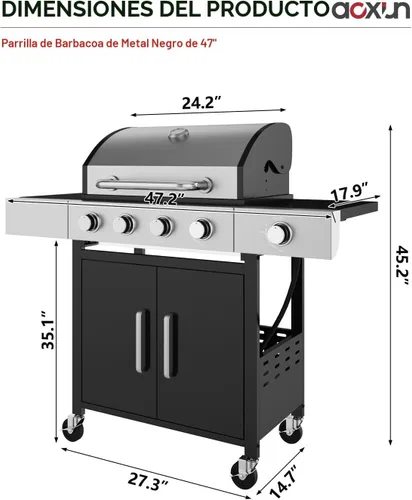 Miniatura 2 de Aoxun Parrilla de propano de 4 quemadores con quemador lateral, parrilla de gas de 49000 BTU, parrilla de acero inoxidable para exteriores