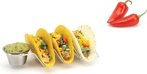 Miniatura 7 de TOPINCN Soporte para tacos de acero inoxidable, 3 rejillas en forma de V, bandeja para tacos con taza de salsa, bandeja de metal para servir maíz