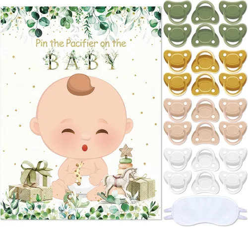 Miniatura 16 de Faccito Pin The Chupete - Juego de baby shower, decoración de fiesta de baby shower, incluye póster grande, 24 calcomanías para chupete, juego