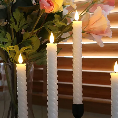 Miniatura 4 de Rhytsing Velas cónicas sin llama blancas de 10 pulgadas con temporizador, velas cónicas en espiral que funcionan con baterías, luz blanca cálida
