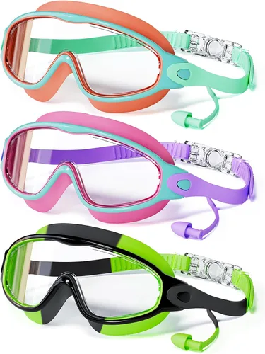 Miniatura 19 de Paquete de 3 gafas de natación para niños, con tapones para los oídos, marco grande, antivaho, UV, visión amplia, para niños y niñas de 4 a 12 años