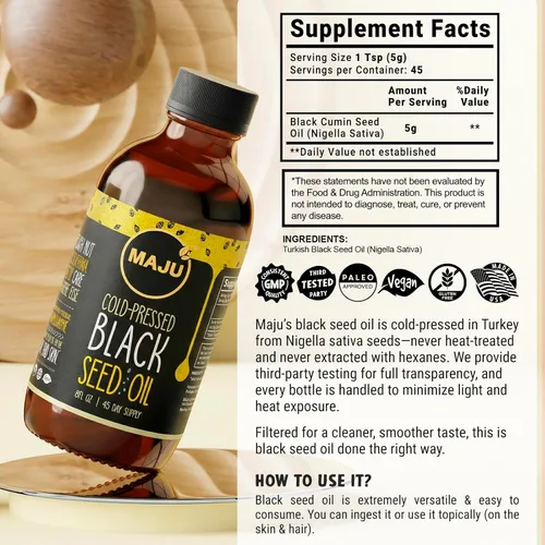 Miniatura 7 de MAJU Aceite de semilla negra – 3 veces timoquinona, prensado en frío, 100% aceite de semilla de comino negro turco, semilla negra líquida pura