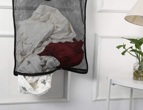 Miniatura 3 de Bolsa de malla para colgar en la puerta, cesta pequeña de lavandería para ahorrar espacio, cesta de ropa sucia con colgador de metal giratorio