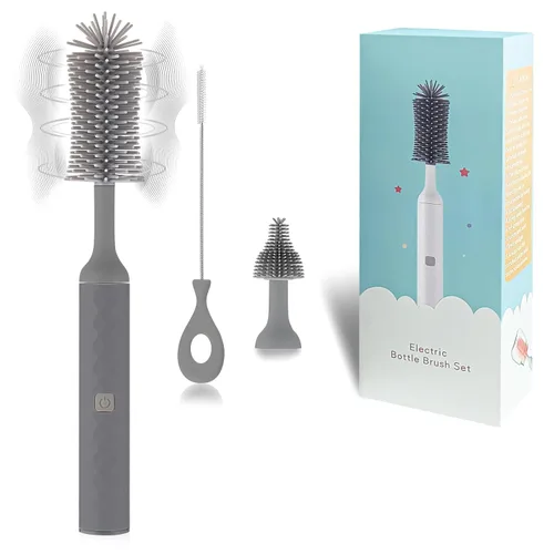 Miniatura 9 de Juego de limpiador eléctrico recargable para botellas con limpiador de cepillo de silicona de 3 piezas para biberones y cepillo limpiador de Blanco