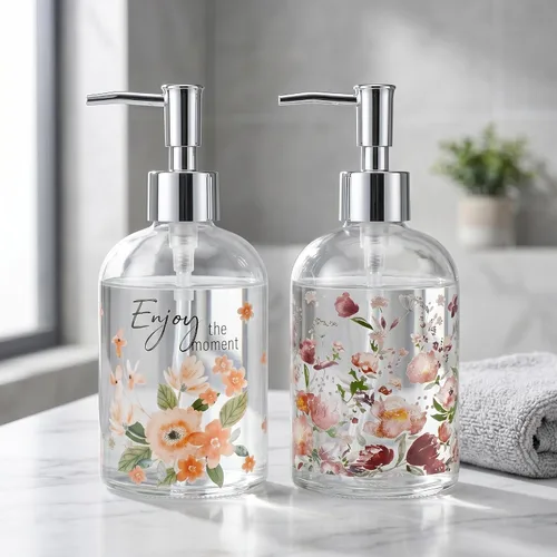 Miniatura 11 de Topadorn Dispensador de jabón de vidrio de 17 onzas con bomba, impresión floral de acuarela Enjoy the Day, botella líquida recargable para cocina