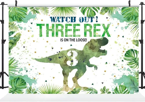 Miniatura 2 de Hilioens Telón de fondo de cumpleaños de 3 x 3 pies para niños, dinosaurio de tercer cumpleaños, fondo de hojas verdes, decoración de fiesta