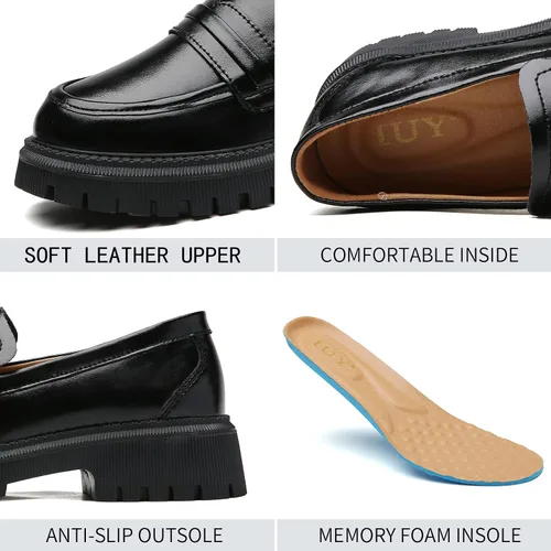 Miniatura 6 de Mocasines de cuero para mujer, zapatos de penny de plataforma gruesa, clásicos, punta redonda, cómodos, zapatos de trabajo de negocios