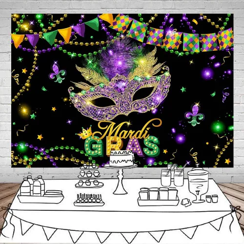 Miniatura 2 de Mocsicka Mardi Gras - Telón de fondo con purpurina dorada y verde púrpura, máscara de fiesta de máscaras, decoración de fiesta de carnaval, baile