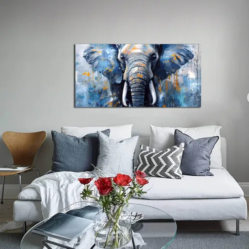 Miniatura 4 de ENTANUB Arte de pared de elefante para sala de estar, lienzo de animales para decoración de pared para dormitorio, diseño de imagen azul, tamaño 20