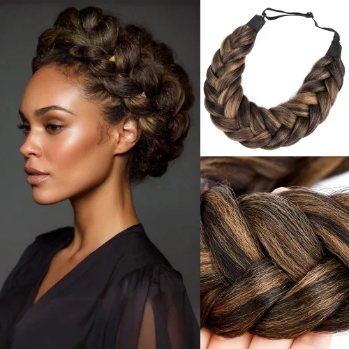 Diadema de pelo sintético grueso, lanudo y esponjoso de 2 hebras de cabello trenzado, trenzado grueso, extensión elástica para mujeres y niñas,