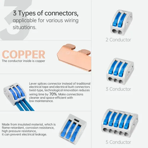 Miniatura 3 de 50 conectores de cable de palanca, conector conductor de empalme compacto para cables flexibles de trenzado sólido 28-12 AWG (azul)