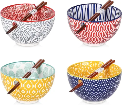 Selamica Juego de cuencos de cerámica para ramen, cuencos de fideos de 15 onzas para cocina con palillos, cuencos profundos para sopa japonesa de