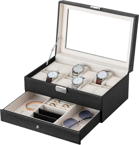 Oyydecor Caja de reloj con 12 ranuras para relojes, organizador de joyas con cajón de joyas para almacenamiento y exhibición con cerradura (beige)