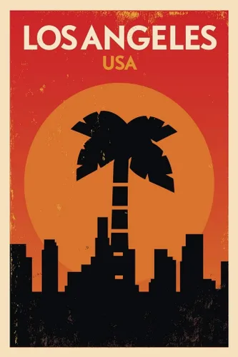 Miniatura 2 de Póster de viaje retro laminado de Los Ángeles, California, EE. UU., horizonte, palmera, árbol de palmera, arte de pared de borrado en seco, 16 x 24