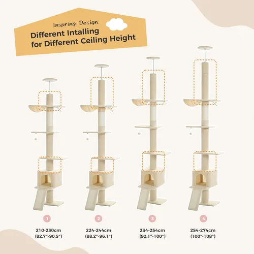 Miniatura 6 de PETEPELA Árbol para gatos de piso a techo, torre alta para gatos de varios niveles, altura ajustable [83 a 108 pulgadas], poste rascador para gatos